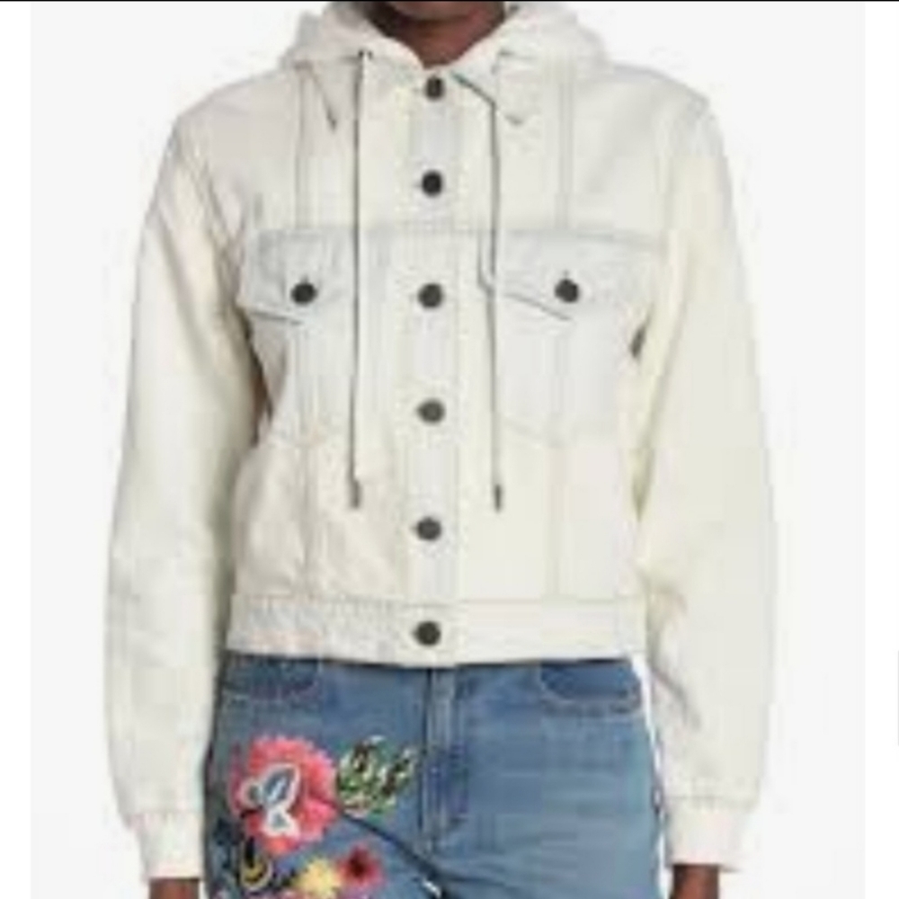 alice + olivia Jacket Denim Jean Removable Zip Out Hood Bleached Indigo L NWT - Picture 2 of 16